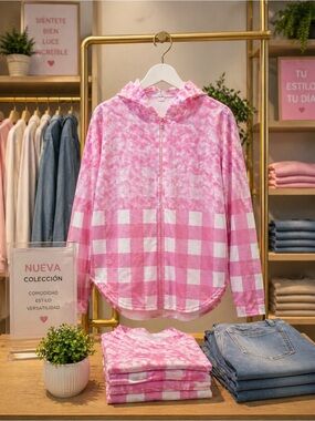 NEW Pink Tie-Dye & Gingham Hooded Zip Jacket - Unbranded